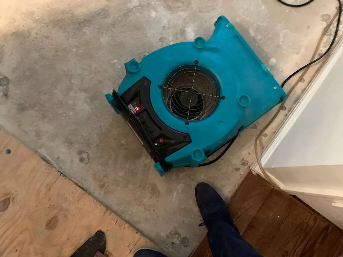 Air mover drying subfloor during Commercial Water Damage Restoration in Bay City